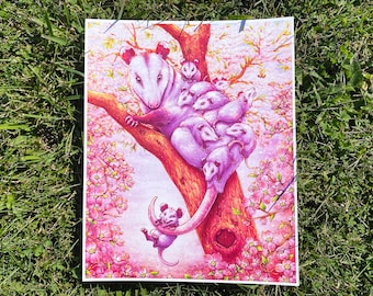 Opossum artwork, 5x7 art print, Dogwood flower wall art, Opossum gift, Cottagecore art work, Illustration decor, Pink aesthetic room decor