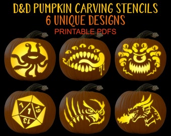 DnD Pumpkin Carving Stencils, Printable PDF, Halloween Pumpkin Carving Party, Digital Download Template, Dungeons and Dragons Party Decor