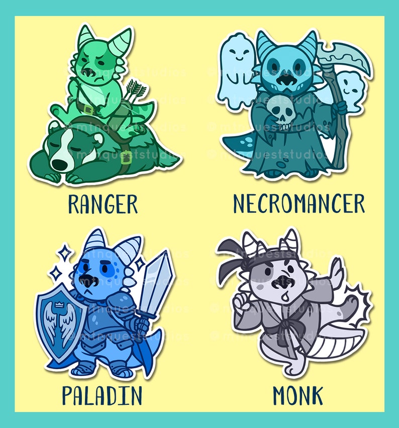 May include: Four colorful cartoon stickers featuring different fantasy character classes. A green ranger with a bear, a blue paladin with a sword and shield, a gray monk with a headband, and a blue necromancer with a scythe and a skull.