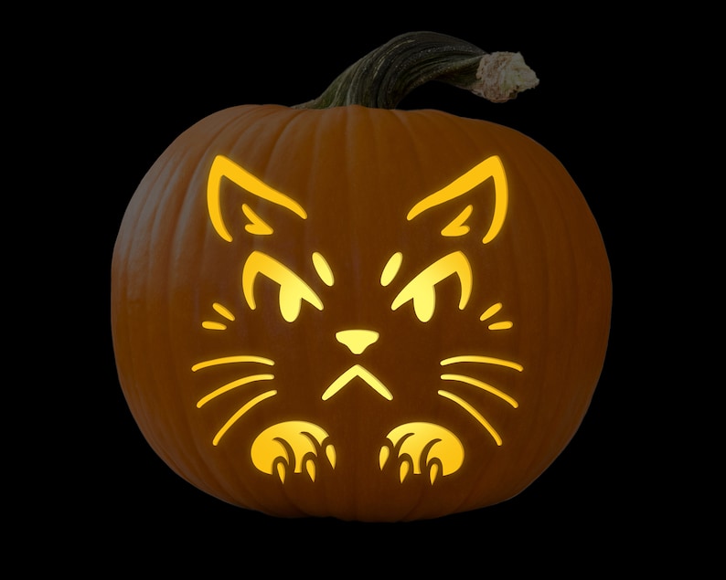 May include: A carved pumpkin with a cat face design. The cat's eyes, nose, and whiskers are cut out, and the pumpkin is lit from inside, creating a glowing effect.