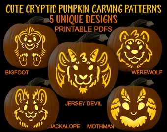 Cute Cryptid Pumpkin Carving Stencils, Printable PDF, Halloween Pumpkin Carving Party, Digital Download Template, Cryptid Party