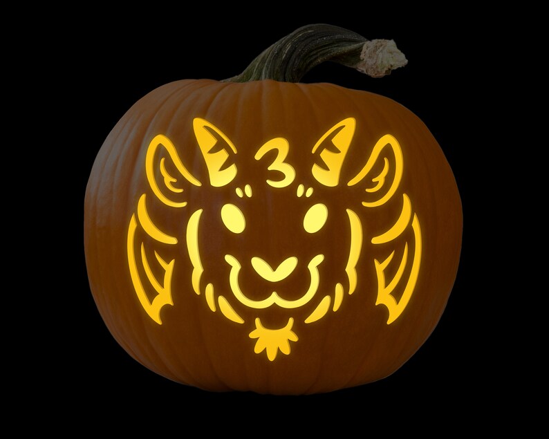 May include: A carved pumpkin with a lit-up design of a cartoon goat with the number "3" above it.