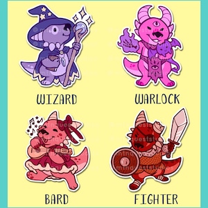 May include: Four colorful stickers featuring cartoon dinosaurs dressed as different fantasy characters. The stickers are labeled "Wizard", "Warlock", "Bard", and "Fighter".