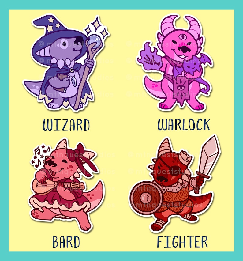 May include: Four colorful stickers featuring cartoon dinosaurs dressed as different fantasy characters. The stickers are labeled "Wizard", "Warlock", "Bard", and "Fighter".