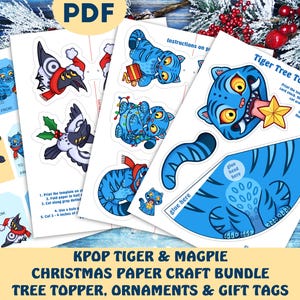 May include: A bundle of Christmas paper crafts featuring a blue tiger and magpie designs. Includes a tree topper, ornaments, and gift tags. The tiger topper has a star in its mouth. The gift tags say "To From".