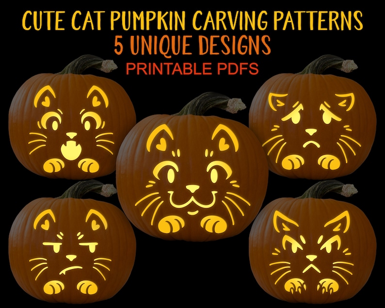May include: Five printable pumpkin carving patterns featuring cute cat faces with different expressions. The patterns are designed to be cut out and used to carve pumpkins for Halloween.
