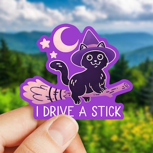 I drive a stick heks sticker, zwarte kat heks halloween sticker, halloween sticker, grappige zwarte kat stickers waterdicht, leuke halloween kunst