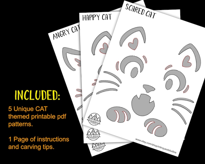 May include: Five printable PDF patterns for carving cat faces into pumpkins. The patterns include a happy cat, a scared cat, an angry cat, and two other cat faces. The patterns are black and white with gray outlines and red hearts.