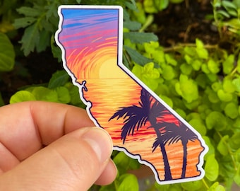 Californische strandsticker, Malibu sticker, Zonsondergang strand sticker, CA staat sticker, Waterdichte vinyl stickers voor waterfles, Californië cadeau