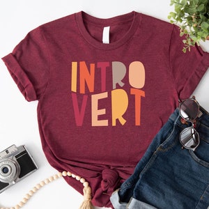 May include: A maroon t-shirt with the word "INTROVERT" printed in colourful block letters. The shirt is styled with denim shorts, sunglasses, and a wooden beaded necklace.
