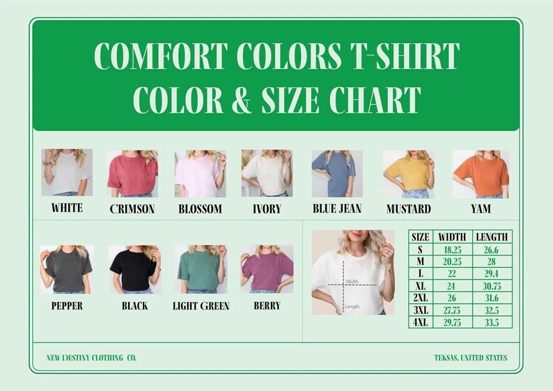 The image is a color and size chart for a t-shirt, displaying various color options and corresponding sizes.