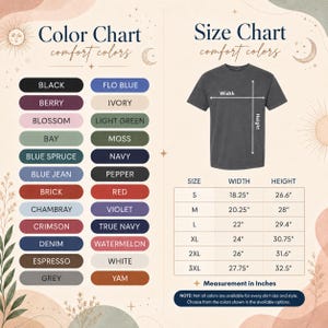 The image is a color chart and size chart for a t-shirt, providing a visual representation of various color options and corresponding measurements.