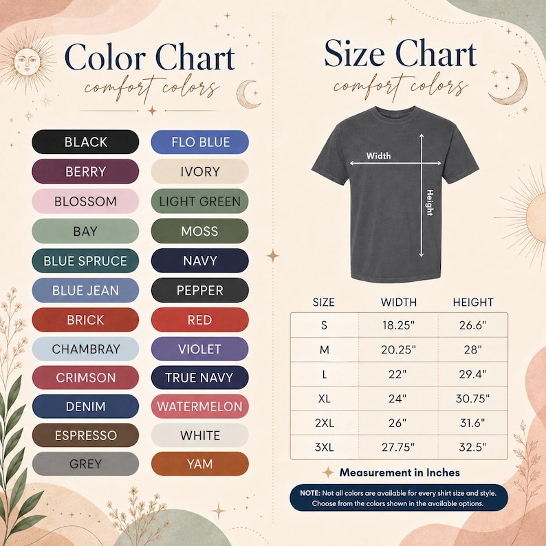 The image is a color chart and size chart for a t-shirt, providing a visual representation of various color options and corresponding measurements.