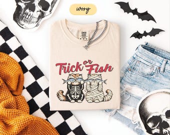 Comfort Colors® Trick or Treat Cat Halloween T-Shirt, Skeleton Cats Shirt, Trick or Fish Mummy Cat, Spooky Season Top, Gift for Cat Lovers