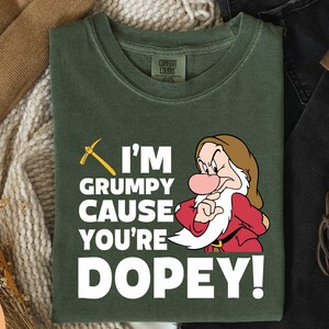 May include: Moss green t-shirt featuring the character Grumpy from Snow White. The shirt has the text "I'M GRUMPY CAUSE YOU'RE DOPEY!" and a pickaxe graphic. The shirt is made of a soft material.