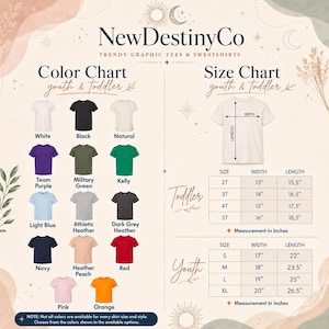The image is a colorful and detailed size chart for New Destiny Co's graphic tees and sweatshirts, providing color and size options for different age groups, from youth to toddler.