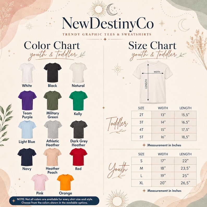 The image is a colorful and detailed size chart for New Destiny Co's graphic tees and sweatshirts, providing color and size options for different age groups, from youth to toddler.