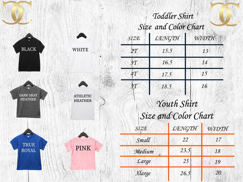 May include: Size chart for toddler and youth shirts. The chart shows the length and width of the shirts in inches for different sizes. The chart is displayed on a white woodgrain background.