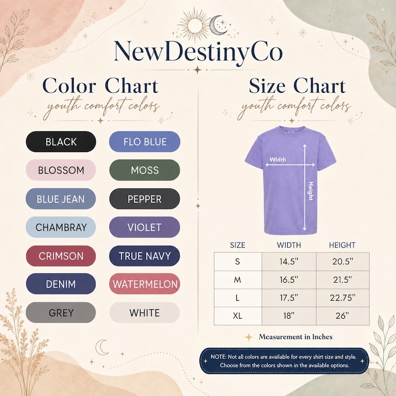 The image is a color chart and size chart for youth comfort colors, providing a visual guide for selecting the appropriate size and color for a shirt.
