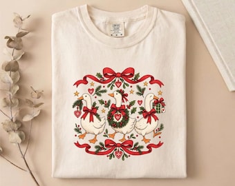 Comfort Colors® Christmas Goose T-Shirt, Coquette Holiday Sweatshirt, Festive Goose Shirt, Red Bow Tee, Xmas Top, Goose Lover Gift