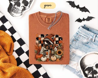 Comfort Colors® Fall Vibes Raccoon T-Shirt, Pumpkin Raccoon Shirt, Autumn Halloween Shirt, Fall Sweater, Cozy Season Tee, Raccoon Lover Top
