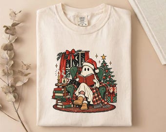 Comfort Colors® Cozy Christmas Ghost T-Shirt, Bookish Holiday Sweatshirt, Reading Ghost Shirt, Winter Tee, Festive Top, Reader Gift