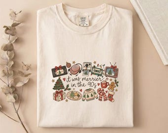 Comfort Colors® Merrier in the 90s T-Shirt, Retro Christmas Sweatshirt, Holiday Shirt, Nostalgia Tee, Xmas Top, Christmas Gift