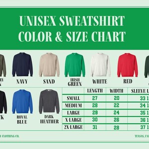 The image is a color and size chart for a unisex sweatshirt. It displays various color options and corresponding sizes, including military green, navy, sand, green, white, red, forest green, black, royal blue, and x-large. The chart provides a visual guide for selecting the appropriate size based on the color preference.