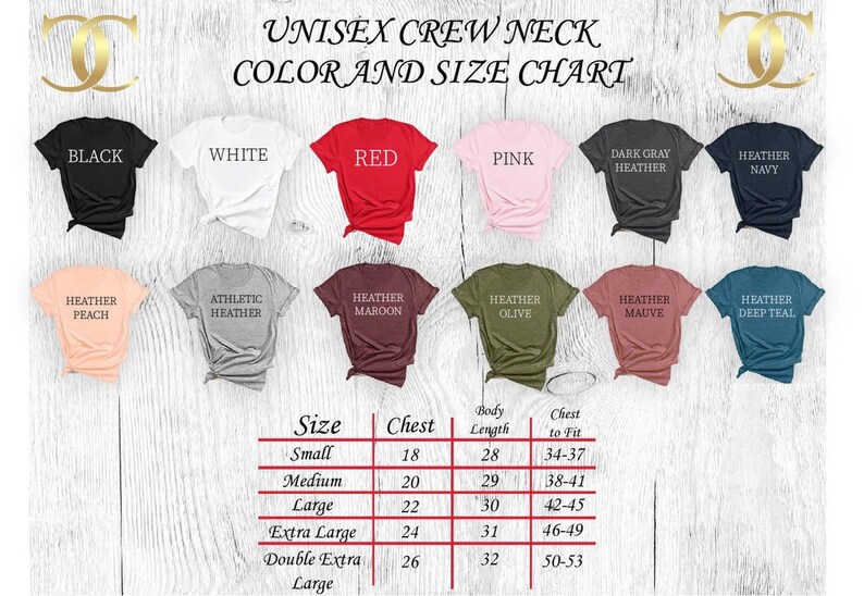 Op de afbeelding: Unisex crew neck t-shirt maattabel met metingen voor borst, lichaamslengte en borstbreedte. De tabel toont maten van S tot XXL. De tabel toont ook 12 verschillende kleuropties voor de t-shirts, waaronder zwart, wit, rood, roze, donkergrijs heather, heather navy, heather peach, athletic heather, heather maroon, heather olive, heather mauve en heather deep teal.
