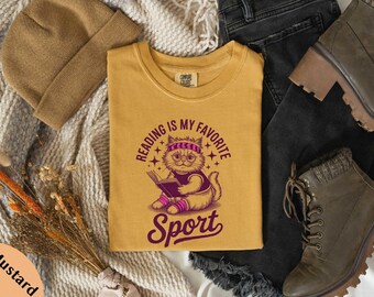 Reading is My Favorite Sport Shirt, Book Lover Tee, Cozy Reader Shirt, Gift for Women, Librarian Shirt, Cat Mom Shirt, Cat Lover T-Shirt