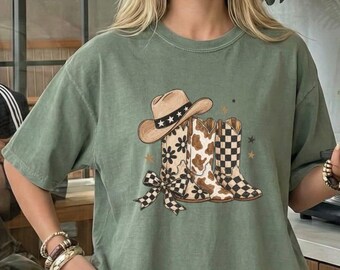 Western Coquette Cowboy Boot Hat Comfort Colors® T-Shirt, Coastal Cowgirl Shirt, Cowboy Boot Tee, Western Texas Girl Outfit, Last Rodeo Top