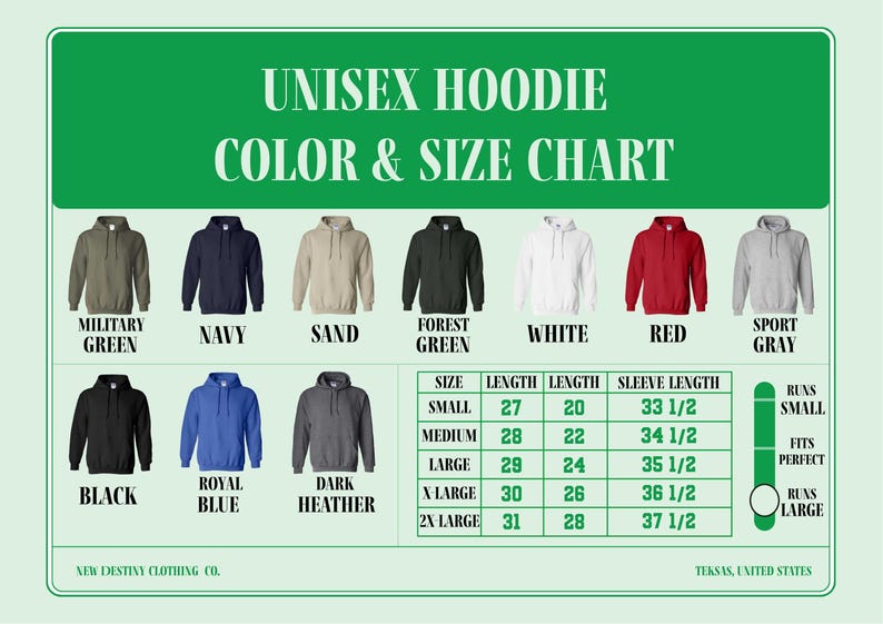 a poster showing the hoodie color and size chart