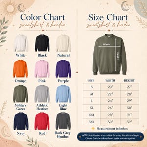 The image is a color chart and size chart for a collection of sweatshirt and hoodie designs. The chart displays various color options and corresponding measurements for each design, including sizes and widths.