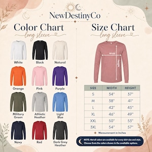 The image is a color chart and size chart for long sleeves, providing a visual representation of different shirt colors and their corresponding sizes.