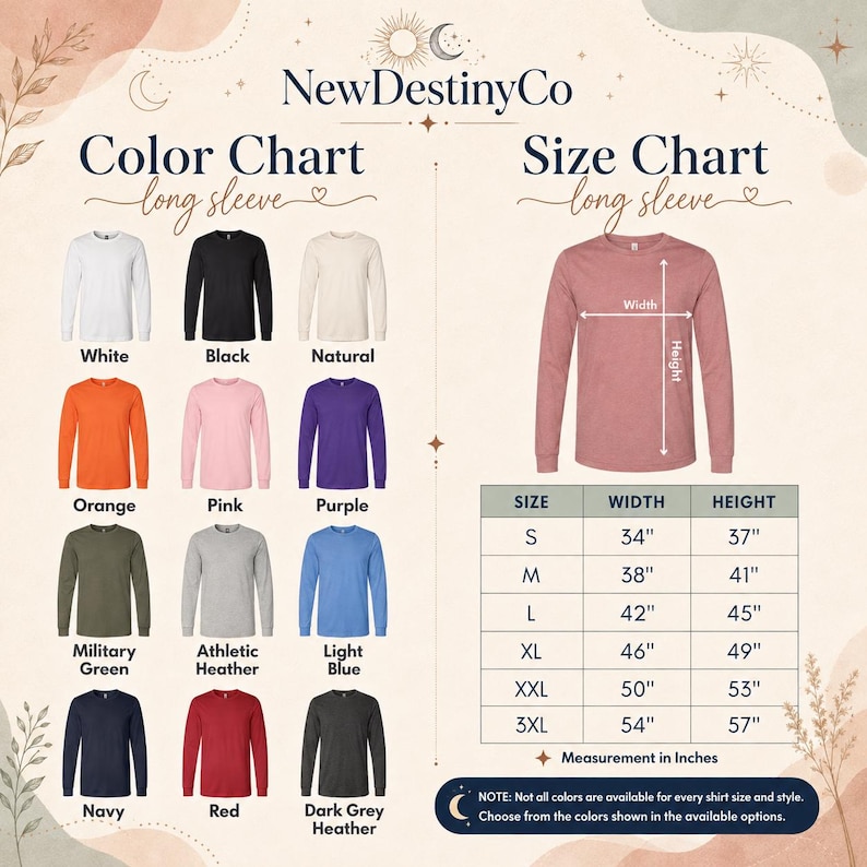The image is a color chart and size chart for long sleeves, providing a visual representation of different shirt colors and their corresponding sizes.