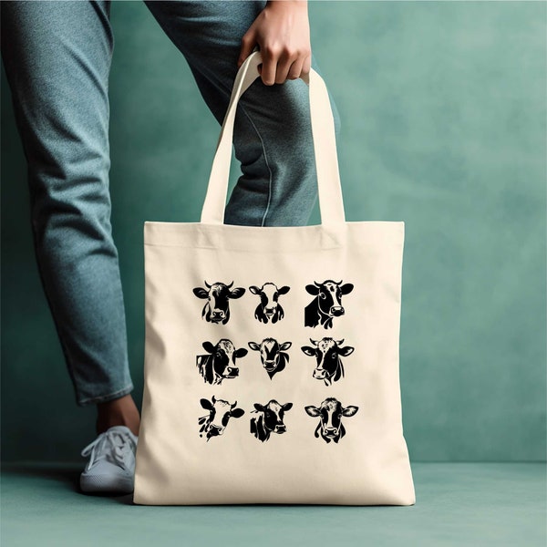 Cows Cotton Tote Bag | Hand Drawn Design | Natural Cotton Tote Bags | Screen Printed Canvas Cloth | Cute Animal | Dairy Cows, Highland, Farm