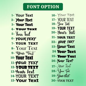 a font option table with various font styles and their corresponding numbers. The table provides a visual guide for users to choose the font style they prefer for their text.