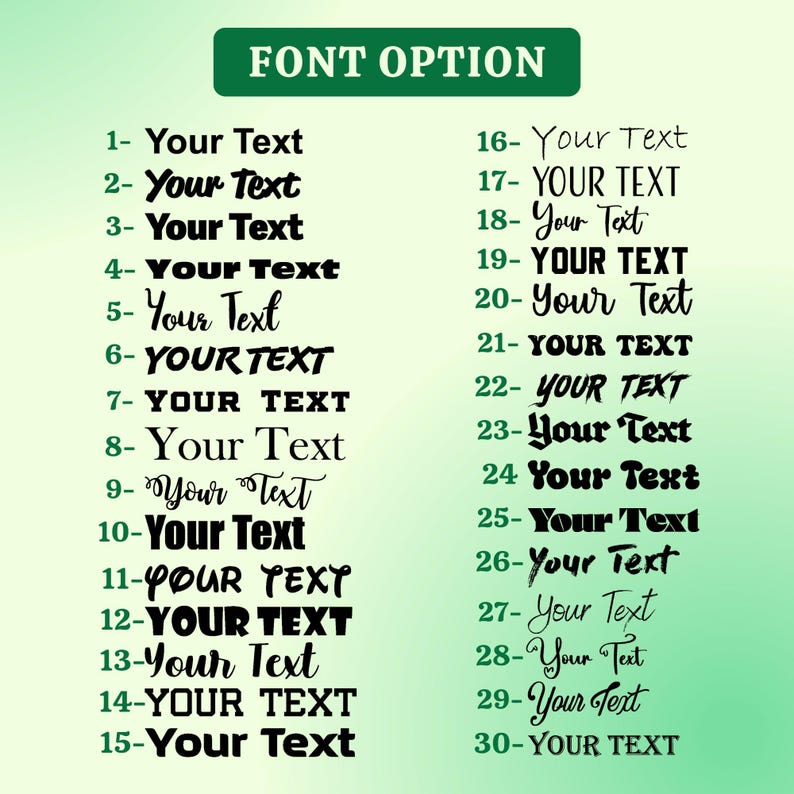 a font option table with various font styles and their corresponding numbers. The table provides a visual guide for users to choose the font style they prefer for their text.
