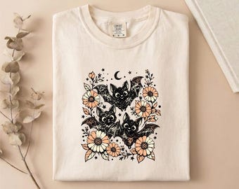 Comfort Colors® Floral Bat T-Shirt, Gothic Halloween Sweatshirt, Spooky Bat Shirt, Botanical Tee, Witchy Top, Bat Lover Gift