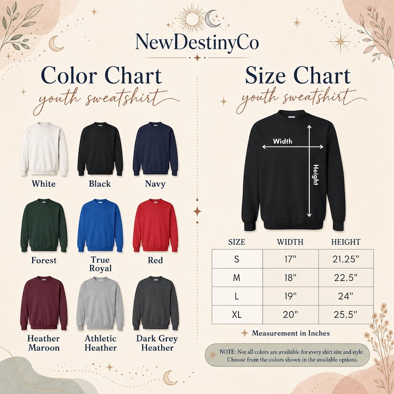 The image is a color chart and size chart for youth sweatshirts, displaying various color options and corresponding measurements for different sizes.