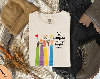 Imagine Peace Comfort Colors T-Shirt, Imagine All The People Living Life In Peace Shirt, Floral Daisy Peace Sign Tee, Hippie T-Shirt