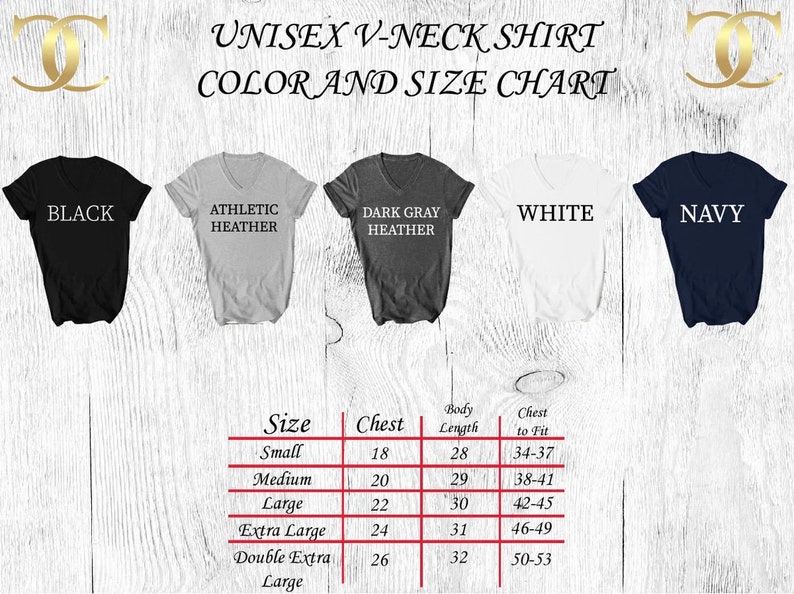 Op de afbeelding: Maattabel voor een unisex V-hals shirt met maten voor de borst, lichaamslengte en borstomvang. De tabel toont maten van klein tot dubbel extra groot. De beschikbare kleuren zijn zwart, atletisch grijs, donker grijs, wit en marine.