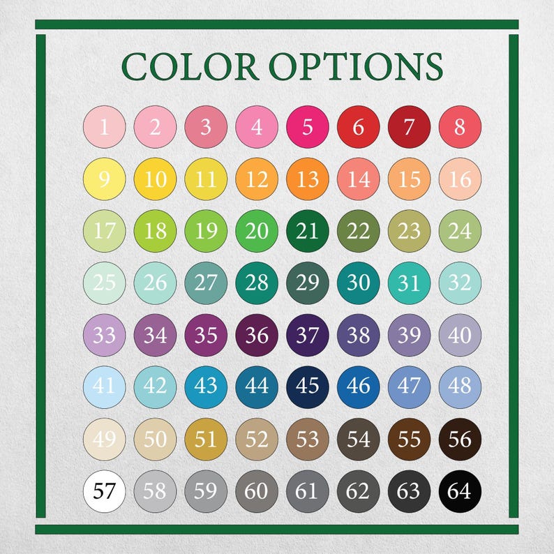 a grid of color options, with each color represented by a circle and the corresponding number. The grid is organized in a visually appealing manner, allowing for easy comparison and selection of colors.