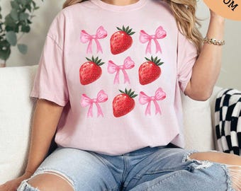 Coquette Strawberry Shirt, Coquette Shirt, Comfort Colors Shirt, Gift for Her, Coquette Tee, Pink Bow Shirt, Ribbon Shirt, Strawberry Shirt