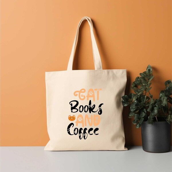 Cats Books and Coffee Tote Bag. Funny Book Lover Shopping Bag. Cat Lover Gift