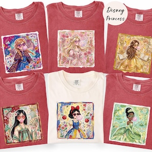 May include: Six short-sleeved t-shirts in red and white, each featuring a square graphic of a different character blowing a bubble. The designs include Anna, Cinderella, Belle, Mulan, Snow White, and Tiana. A circular label reads Disney Princess.