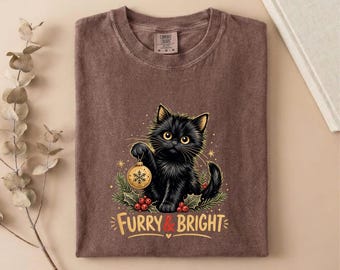 Comfort Colors® Furry and Bright Cat T-Shirt, Christmas Cat Sweatshirt, Holiday Kitty Shirt, Festive Tee, Winter Top, Cat Lover Gift