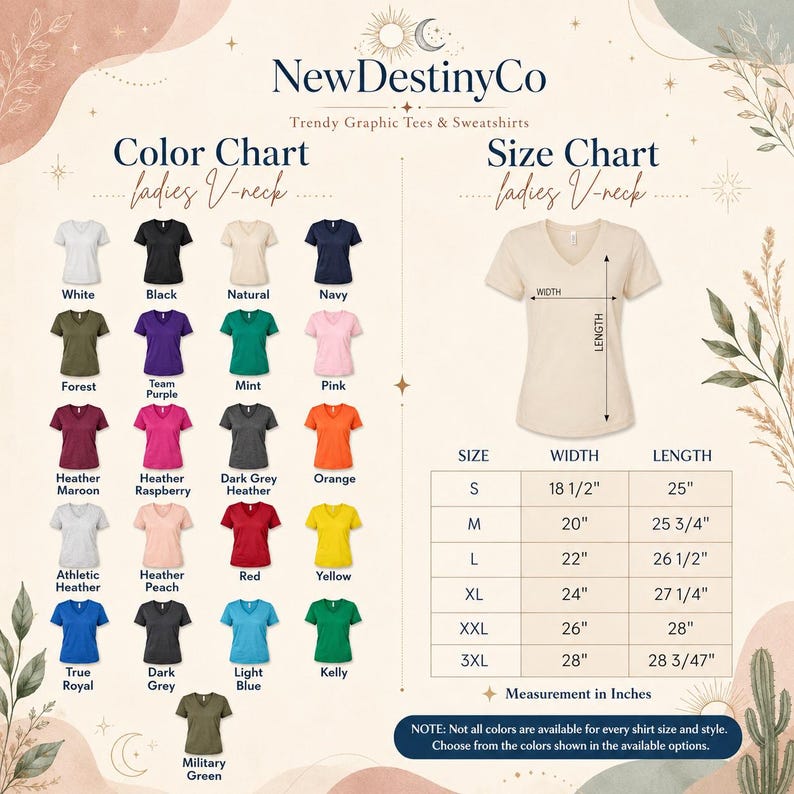 The image is a color chart and size chart for various t-shirt designs, including different styles and colors. The chart provides a visual representation of the available t-shirt sizes and colors for both ladies and ladies' uniques.