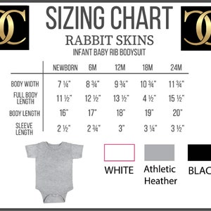 May include: Sizing chart for infant baby rib bodysuits in sizes newborn to 24 months. The chart shows measurements for body width, full body length, body length, and sleeve length in inches. The chart also shows three colour options: white, athletic heather, and black.