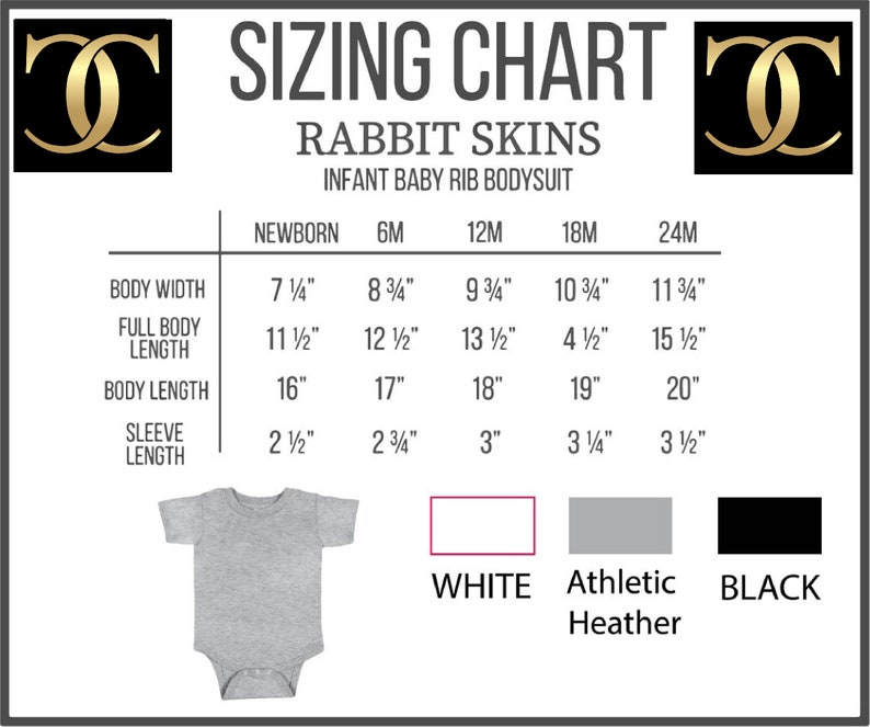 May include: Sizing chart for infant baby rib bodysuits in sizes newborn to 24 months. The chart shows measurements for body width, full body length, body length, and sleeve length in inches. The chart also shows three colour options: white, athletic heather, and black.